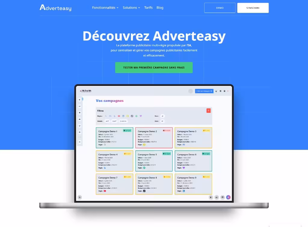 Adverteasy, page d’accueil : hero bleu avec grille, titre Découvrez Adverteasy, sous-titre sur la plateforme multi-régie et l’IA, bouton vert d’essai et visuel laptop avec le pilotage des campagnes.