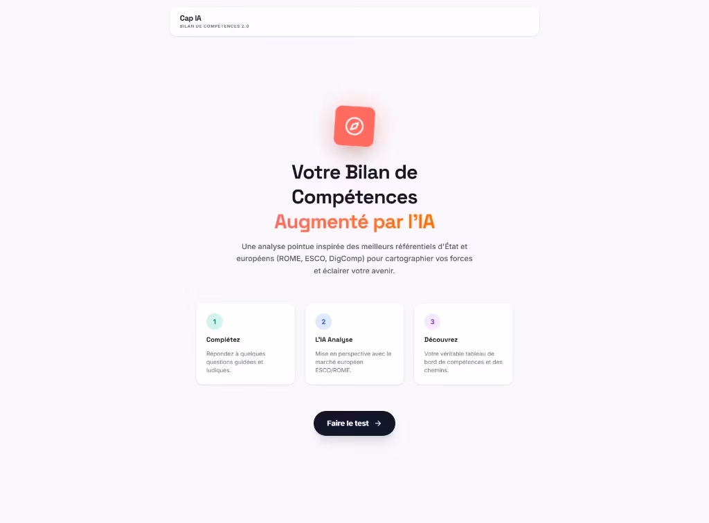 Cap IA, page d'accueil : bilan de compétences augmenté par l'IA, référentiels ROME/ESCO/DigComp et parcours en trois étapes.