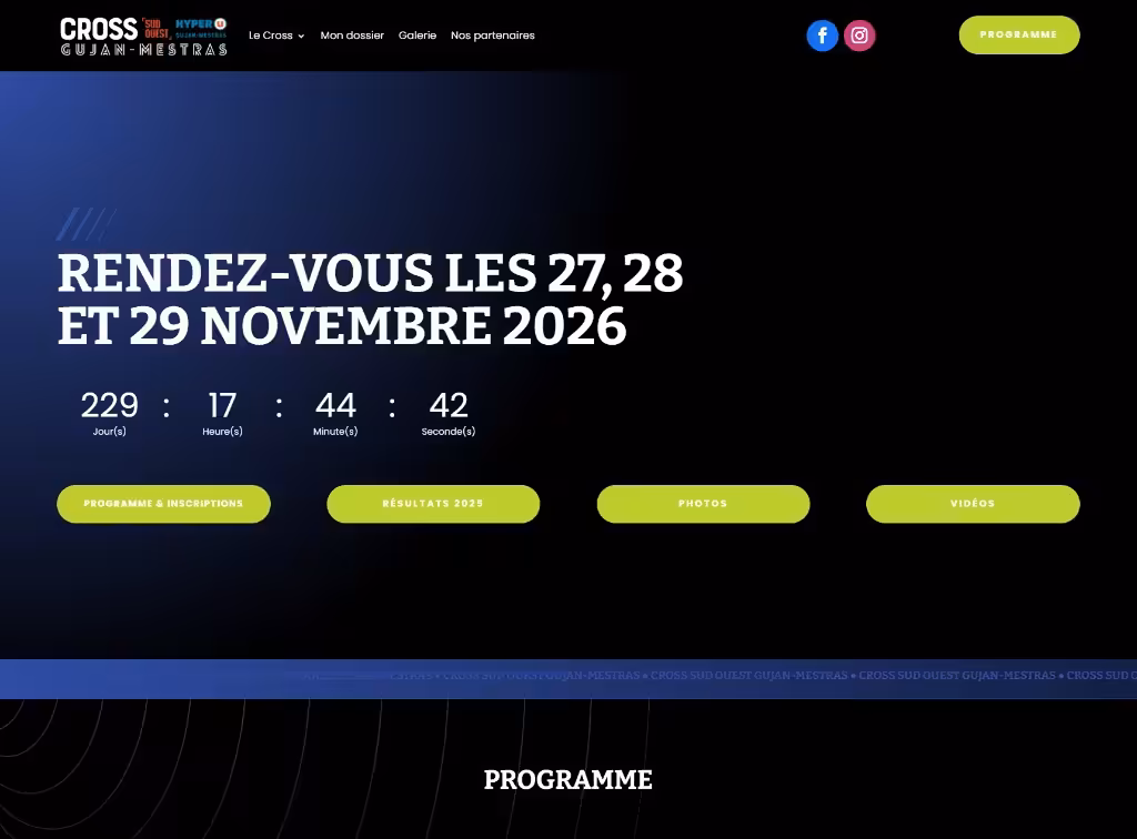 Cross Sud Ouest Gujan-Mestras, page d’accueil : dates 27–29 novembre 2026, compte à rebours, CTA programme et navigation.