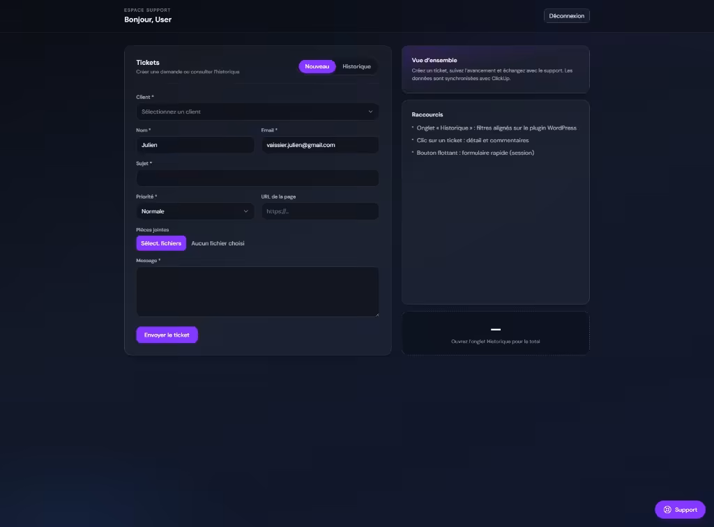 Espace support, écran d’accueil : onglet Nouveau avec formulaire ticket (client, nom, email, sujet, priorité, URL de page, pièces jointes, message) et colonne d’aide.