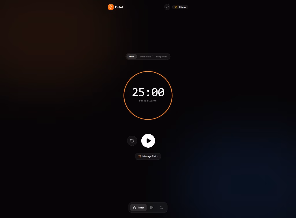 Orbit Pomodoro, vue desktop : timer Work 25:00, anneau orange, sélecteur Work / Short Break / Long Break, halo atmosphérique et navigation Timer.