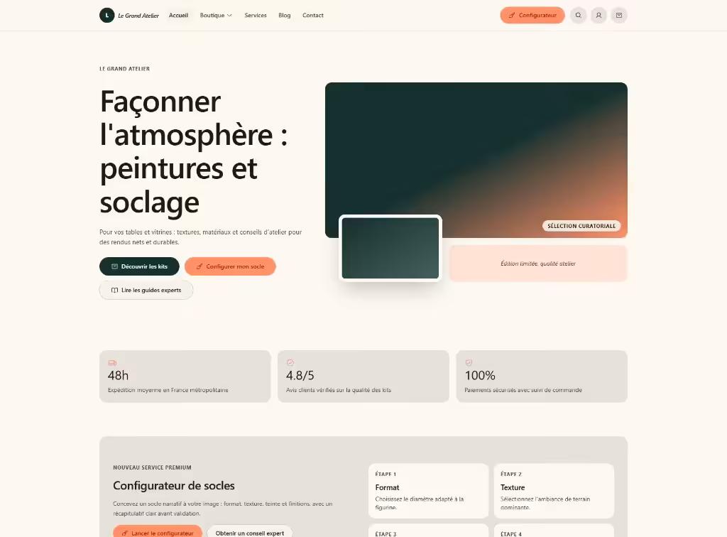 Le Grand Atelier, page d’accueil : hero peintures et soclage pour figurines, CTA boutique et configurateur de socles, badges livraison et paiement sécurisé.