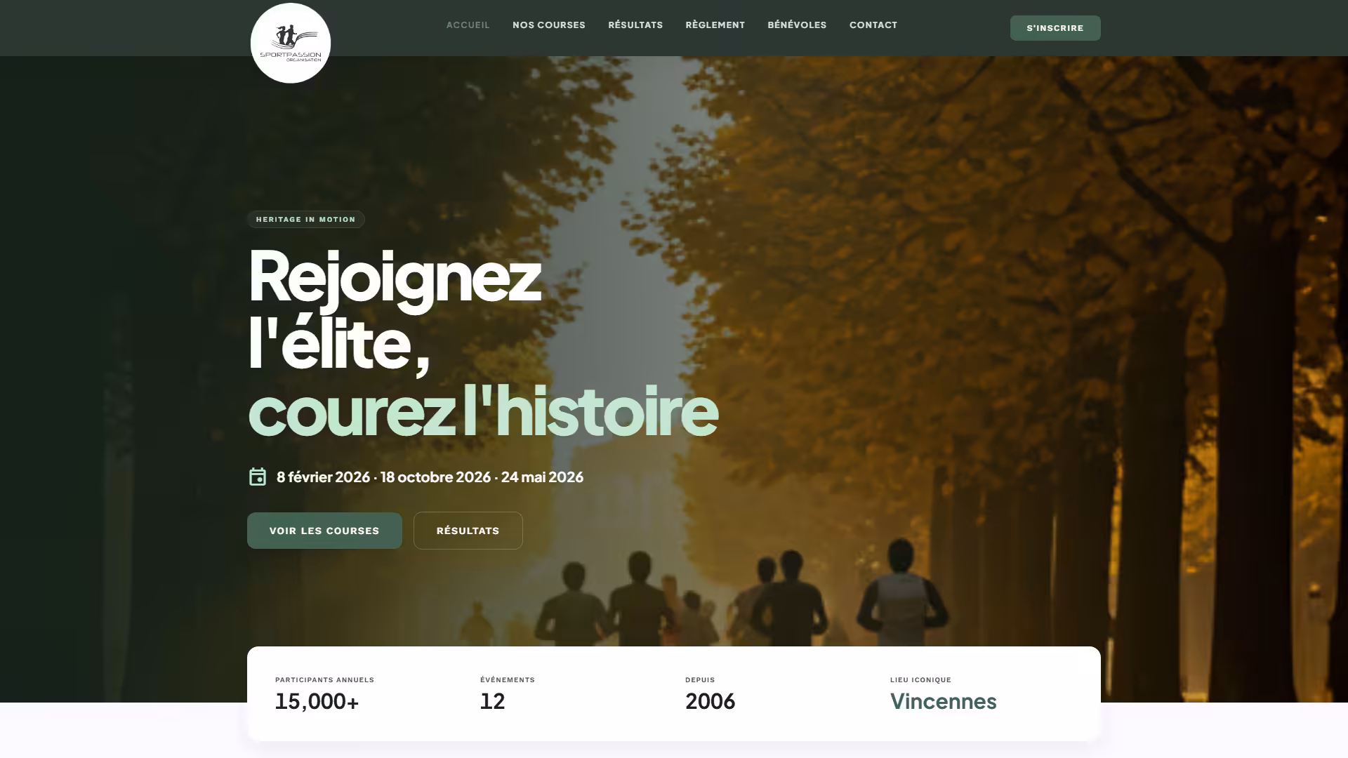 Sport Passion Organisation, page d’accueil : hero Heritage in motion, navigation et accès aux courses du bois de Vincennes.