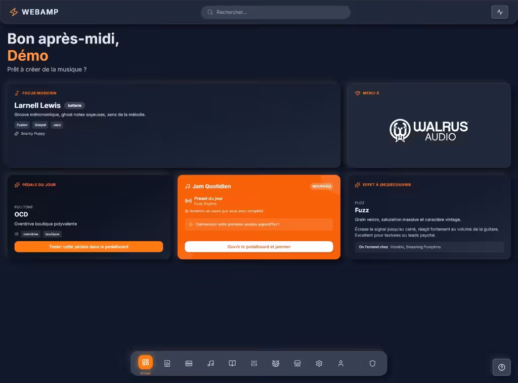 WebAmp, écran d’accueil : tableau de bord avec cartes Focus musicien, partenaires, pédale du jour, jam quotidien et navigation inférieure.